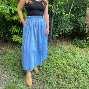 Vintage pleated denim jean maxi skirt